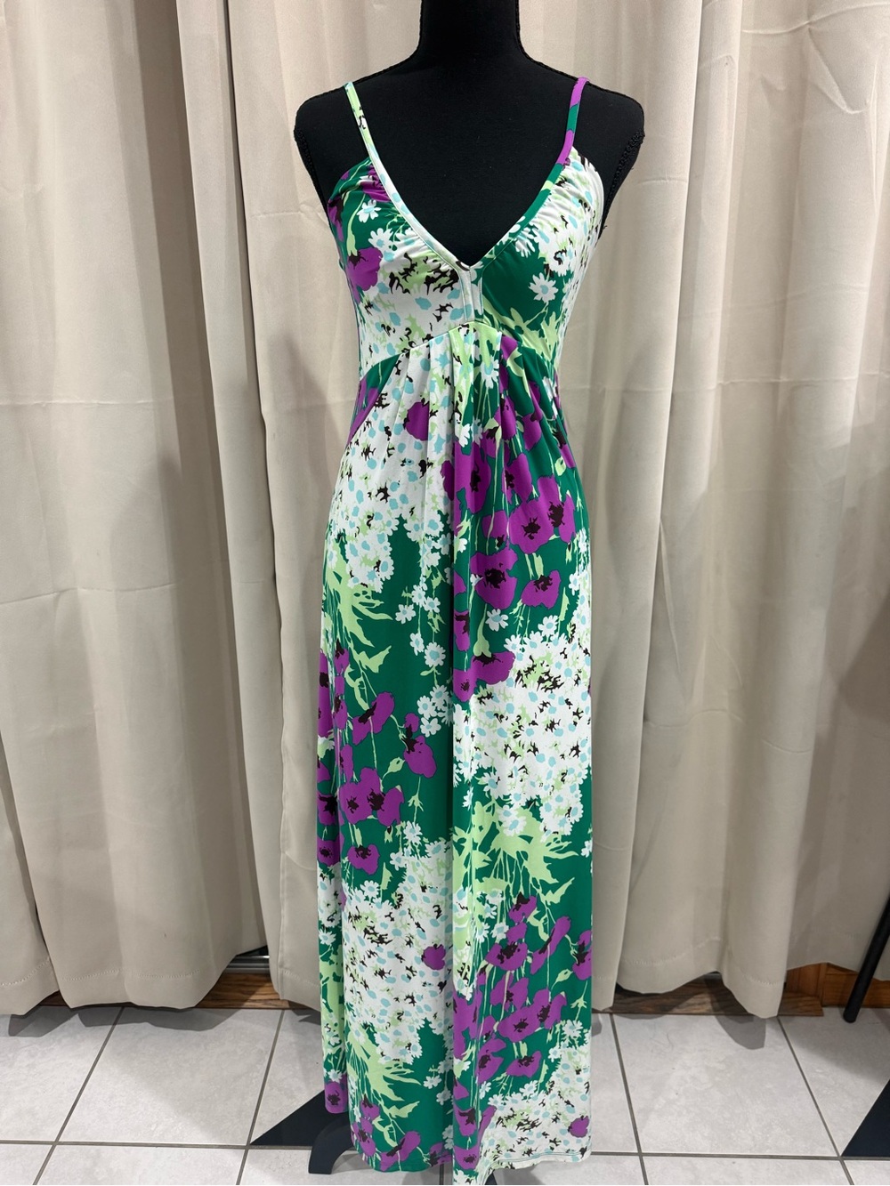Free People Green Maxi Dress with Purple Floral Print